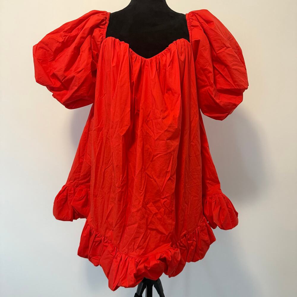 Caroline Constas Red Off Shoulder Bubble Hem Sweetheart Puff Sleeve Mini Dress